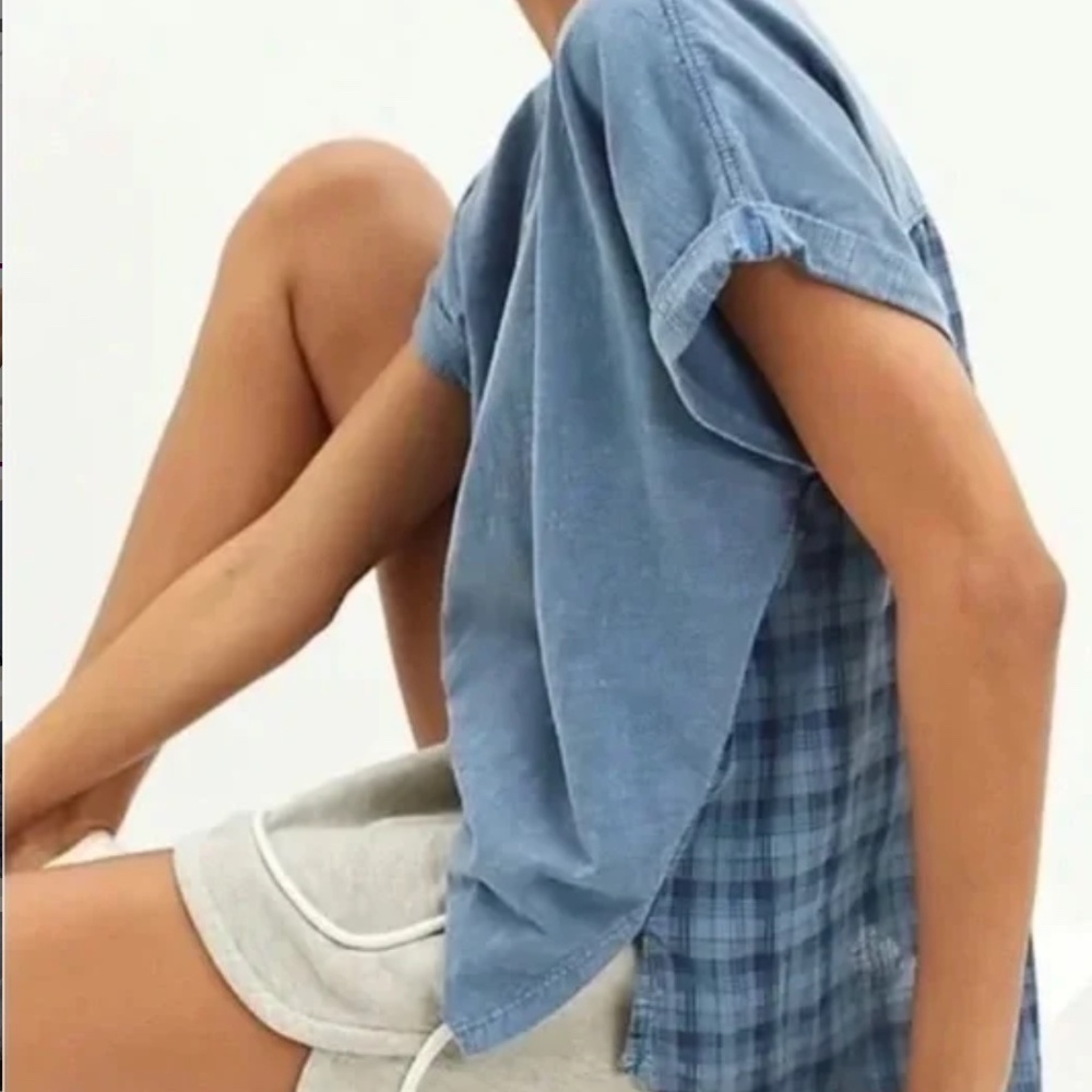 Anthropologie Pilcro Cotton Tee Plaid Back Burnout Blue Size Small